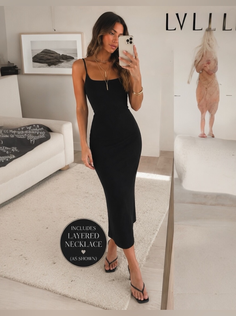 NWT REVOLVE Black Ribbed Midi Spaghetti Tank Dress Layered Gold Necklace Outfit